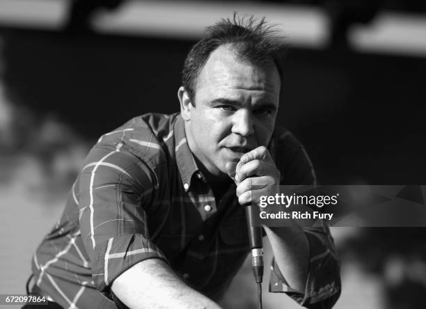 Samuel T. Herring of Future Islands performs at the Outdoor Theatre during day 3 of the Coachella Valley Music And Arts Festival at the Empire Polo...