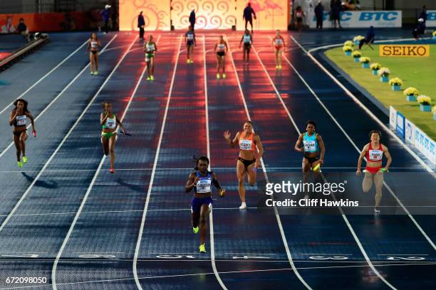 Morolake Akinosun of the USA crosses the finishline in the first heat of the Women's 4x100 Metres Relay during the IAAF/BTC World Relays Bahamas 2017...