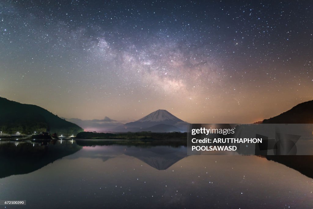 Mt.Fuji with milky way at shojiko reflection Lake , Yamanashi , Japan