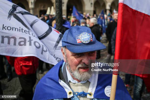 People attend European Manifest demonstration in Krakow, Poland on 23 April, 2017. The pro-EU and anti-government rally was organized by KOD - The...