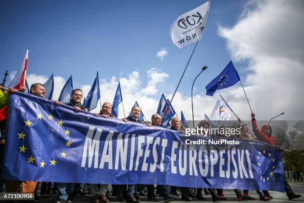 People attend European Manifest demonstration in Krakow, Poland on 23 April, 2017. The pro-EU and anti-government rally was organized by KOD - The...