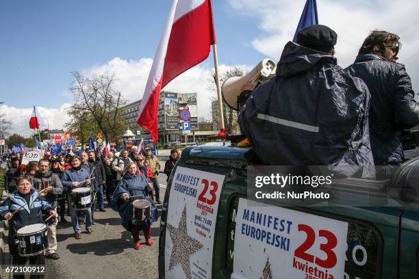 People attend European Manifest demonstration in Krakow, Poland on 23 April, 2017. The pro-EU and anti-government rally was organized by KOD - The...