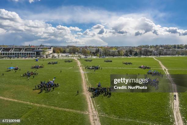 People who attend European Manifest demonstration form twelve UE stars at Blonia meadow in Krakow, Poland on 23 April, 2017. The pro-EU and...