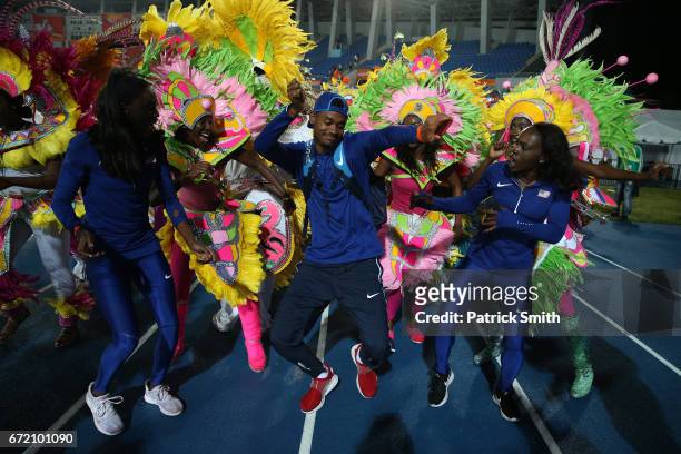 Members of team USA celebrate with Junkanoo dancers after the IAAF/BTC World Relays Bahamas 2017 at Thomas Robinson Stadium on April 23, 2017 in...