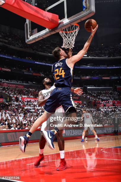 Jeff Withey of the Utah Jazz shoots a lay up against the LA Clippers in Game One of Round One during the 2017 NBA Playoffs on April 15, 2017 at...