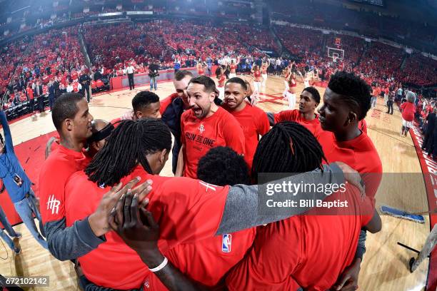 The Houston Rockets huddle before the game against the Oklahoma City Thunder during Game Two of the Eastern Conference Quarterfinals of the 2017 NBA...