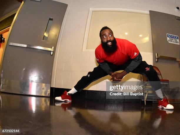 James Harden of the Houston Rockets warms up before the game against the Oklahoma City Thunder during Game Two of the Eastern Conference...