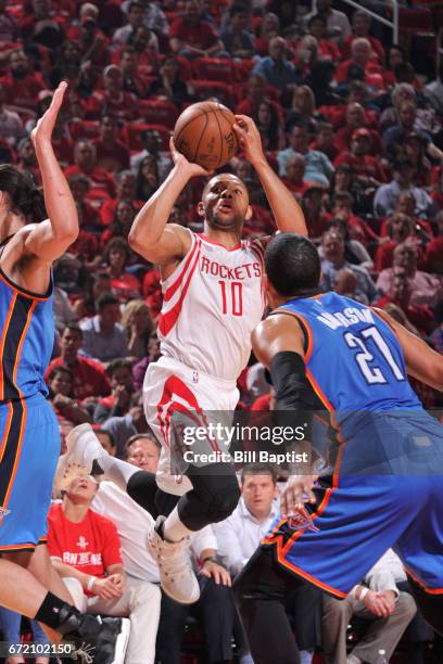 Eric Gordon of the Houston Rockets shoots the ball against the Oklahoma City Thunder during Game Two of the Eastern Conference Quarterfinals of the...