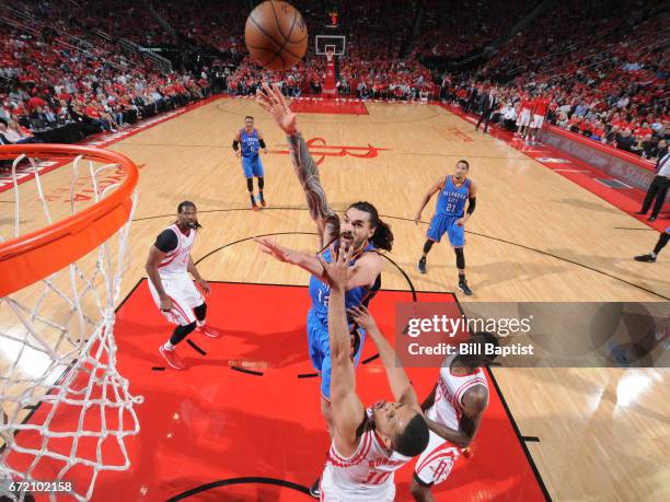 Steven Adams of the Oklahoma City Thunder shoots the ball against the Houston Rockets during Game Two of the Eastern Conference Quarterfinals of the...