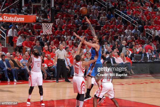 Steven Adams of the Oklahoma City Thunder shoots the ball against the Houston Rockets during Game Two of the Eastern Conference Quarterfinals of the...
