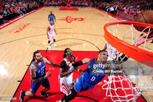 Russell Westbrook of the Oklahoma City Thunder shoots the ball against the Houston Rockets during Game Two of the Eastern Conference Quarterfinals of...
