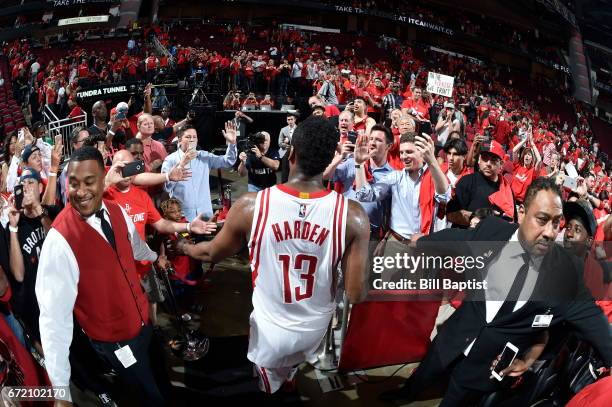 James Harden of the Houston Rockets heads to the locker room after the game against the Oklahoma City Thunder during Game Two of the Western...