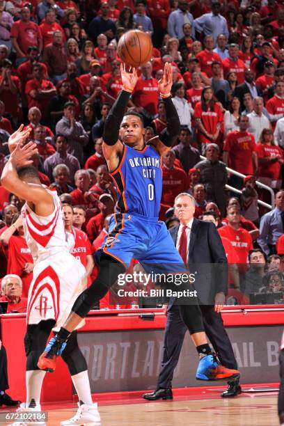 Russell Westbrook of the Oklahoma City Thunder shoots the ball against the Houston Rockets during Game Two of the Western Conference Quarterfinals of...