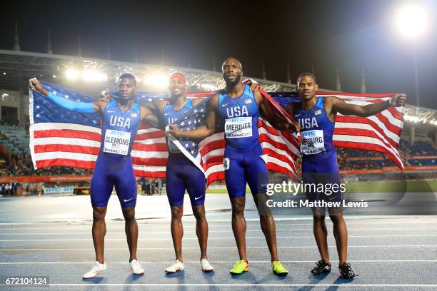 David Verburg, Tony McQuay, Kyle Clemons and LaShawn Merritt of the USA celebrate after placing first in the Men's 4x400 Metres Relay Final during...