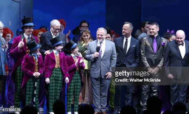 Christian Borle, Scott Wittman, Emily Padgett, Marc Shaiman, Basil Twist and Jack OÕBrien with cast during the Broadway Opening Performance Curtain...