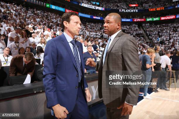 Head Coaches Quin Snyder of the Utah Jazz and Doc Rivers of the LA Clippers talk before the game during Game Four of the Western Conference...