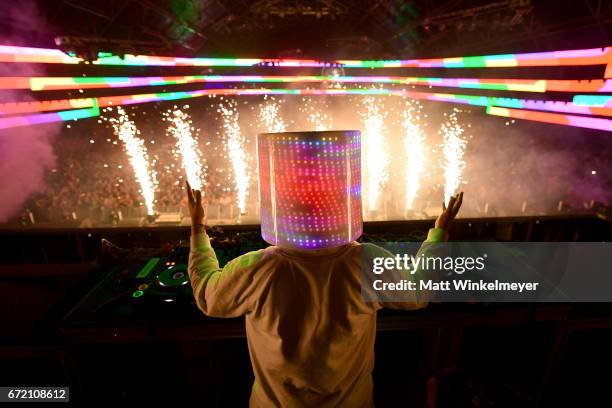 Marshmello performs at the Sahara Tent during day 3 of the Coachella Valley Music And Arts Festival at the Empire Polo Club on April 23, 2017 in...