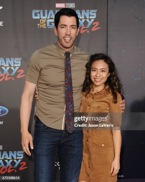 Drew Scott and Linda Phan attend the premiere of "Guardians of the Galaxy Vol. 2" at Dolby Theatre on April 19, 2017 in Hollywood, California.