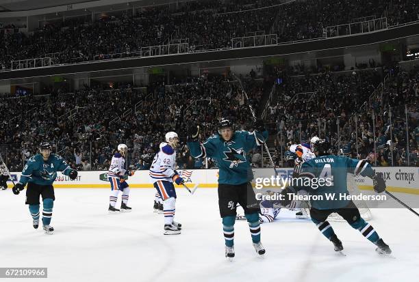 Marcus Sorensen of the San Jose Sharks celebrates after scoring a goal against the Edmonton Oilers during the second period in Game Four of the...