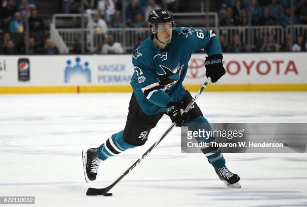 Justin Braun of the San Jose Sharks shoots on goal against the Edmonton Oilers during the second period in Game Four of the Western Conference First...
