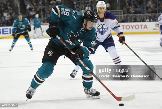 Tomas Hertl of the San Jose Sharks skates with control of the puck against the Edmonton Oilers during the second period in Game Four of the Western...