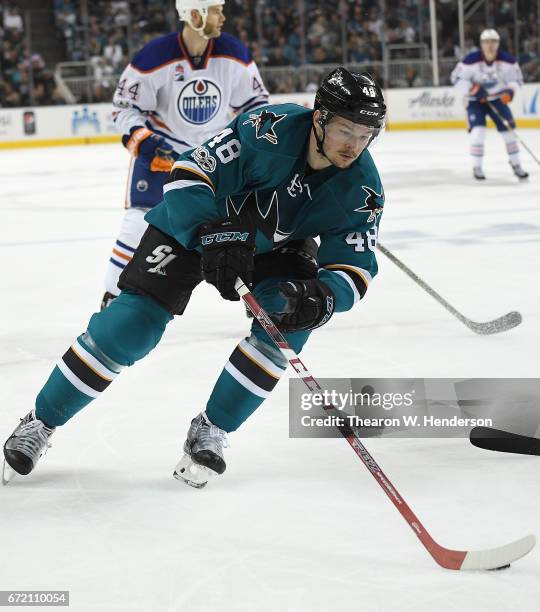 Tomas Hertl of the San Jose Sharks skates with control of the puck against the Edmonton Oilers during the second period in Game Four of the Western...