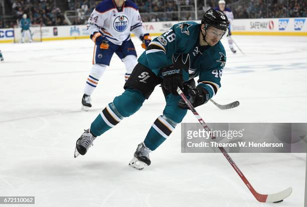 Tomas Hertl of the San Jose Sharks skates with control of the puck against the Edmonton Oilers during the second period in Game Four of the Western...