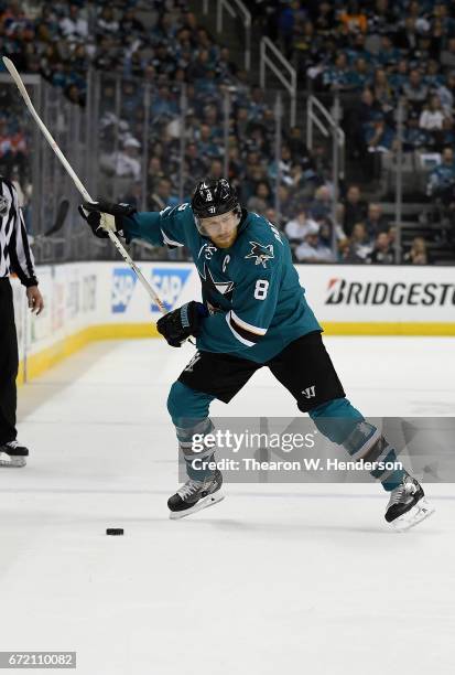 Joe Pavelski of the San Jose Sharks shoots on goal against the Edmonton Oilers during the second period in Game Four of the Western Conference First...