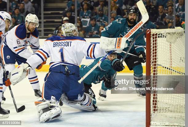 Goalie Laurent Brossoit of the Edmonton Oilers defends his goal against the San Jose Sharks during the second period in Game Four of the Western...