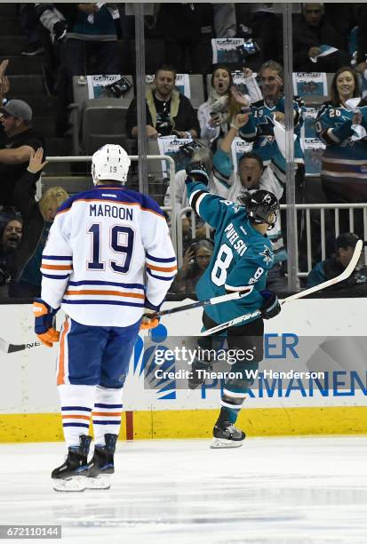 Joe Pavelski of the San Jose Sharks celebrates after scoring a goal against the Edmonton Oilers during the first period in Game Four of the Western...