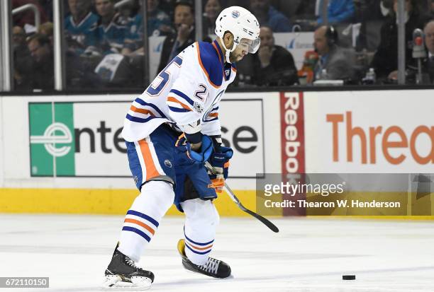Darnell Nurse of the Edmonton Oilers skates with control of the puck against the San Jose Sharks during the first period in Game Four of the Western...