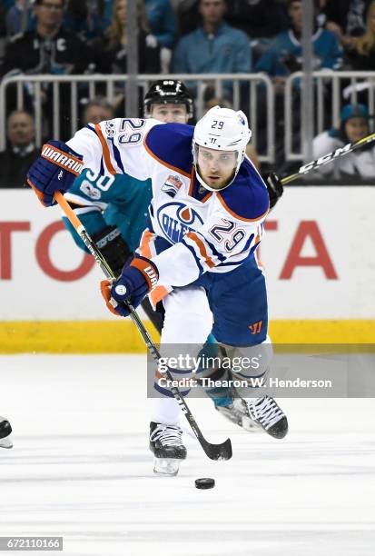 Leon Draisaitl of the Edmonton Oilers skates with control of the puck against the San Jose Sharks during the first period in Game Four of the Western...