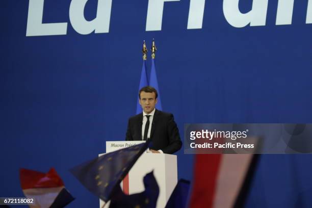 Emmanuel Macron addresses his supporters. Emmanuel Macron, the Presidential candidate from the social liberal political party En Marche!, addressed...
