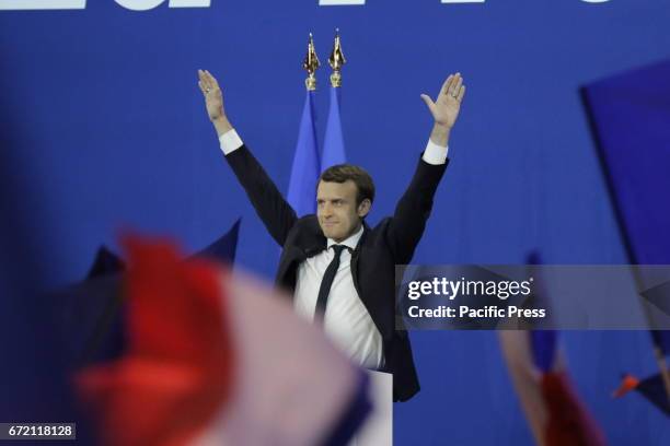 Emmanuel Macron waves at his supporters after his speech. Emmanuel Macron, the Presidential candidate from the social liberal political party En...