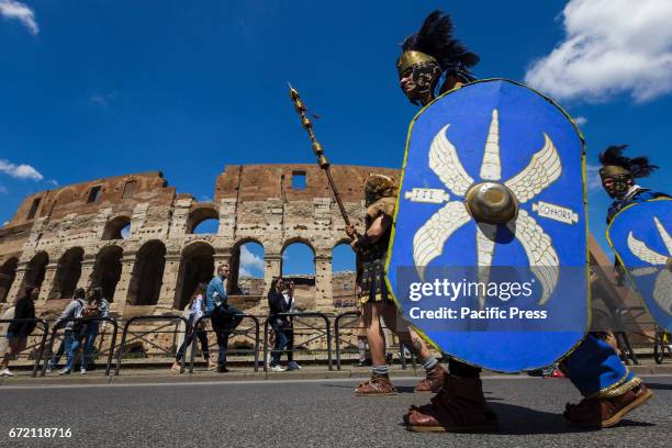 Members of the Roman Historical Group parade in the areas of Colosseum, Circus Maximus and the Roman Forum to celebrate the 2770th anniversary of the...