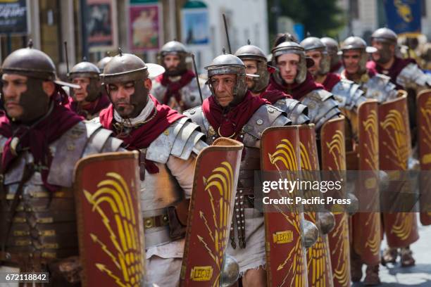 Members of the Roman Historical Group parade in the areas of Colosseum, Circus Maximus and the Roman Forum to celebrate the 2770th anniversary of the...