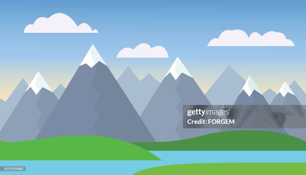 Paisaje De Dibujos Animados De Montaña Con Verdes Colinas Y Montañas Con Picos Bajo La Nieve Con El Lago O El Río Frente A Las Montañas Bajo El Cielo Azul Con Nubes Paisaje De Dibujos Animados De Montaña Con Verdes Colinas Y Montañas Con Picos Bajo La Nieve Con El Lago O El Río Frente A Las Montañas Bajo El Cielo Azul Con Nubes