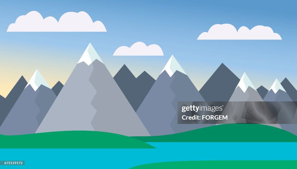 Paisaje De Dibujos Animados De Montaña Con Verdes Colinas Y Montañas Con  Picos Bajo La Nieve Con El Lago O El Río Frente A Las Montañas Bajo El  Cielo Azul Con Nubes