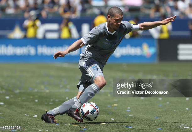 Osvaldo Alonso of Seattle Sounders controls the ball during the MLS match against the Los Angeles Galaxy at StubHub Center on April 23, 2017 in...