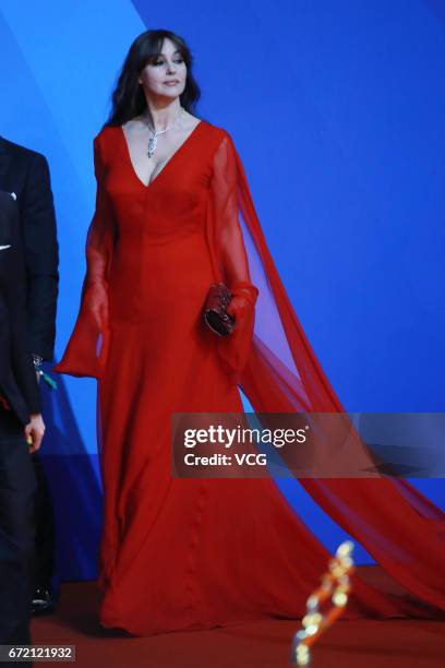 Italian actress Monica Bellucci arrives at red carpet during the closing ceremony of 2017 Beijing International Film Festival on April 23, 2017 in...