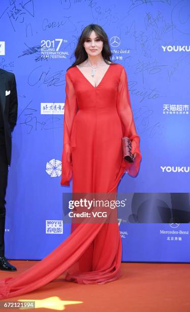 Italian actress Monica Bellucci arrives at red carpet during the closing ceremony of 2017 Beijing International Film Festival on April 23, 2017 in...