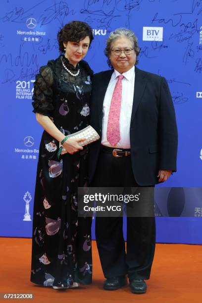 Actor Sammo Hung and his wife arrive at red carpet during the closing ceremony of 2017 Beijing International Film Festival on April 23, 2017 in...