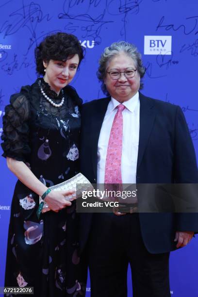 Actor Sammo Hung and his wife arrive at red carpet during the closing ceremony of 2017 Beijing International Film Festival on April 23, 2017 in...