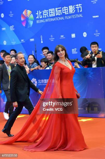 Italian actress Monica Bellucci arrives at red carpet during the closing ceremony of 2017 Beijing International Film Festival on April 23, 2017 in...