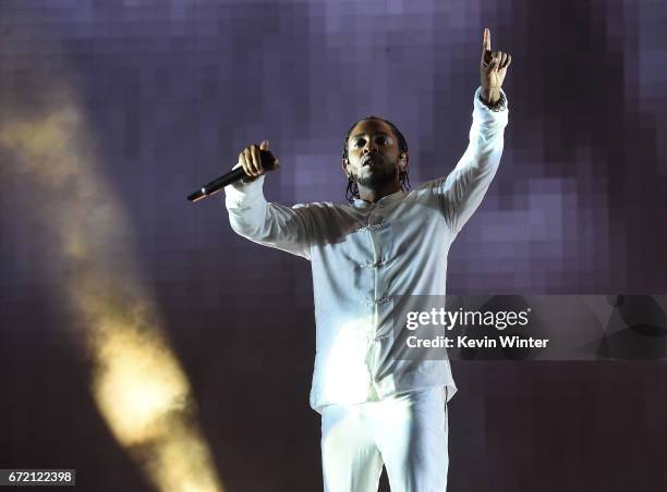 Kendrick Lamar performs on the Coachella Stage during day 3 of the Coachella Valley Music And Arts Festival on April 23, 2017 in Indio, California.