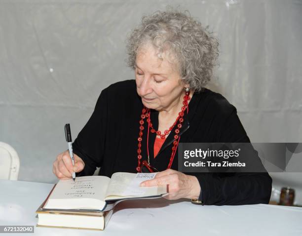 Author Margaret Atwood signs her book 'The Handmaid's Tale at the Los Angeles Times Festival Of Books at USC on April 23, 2017 in Los Angeles,...