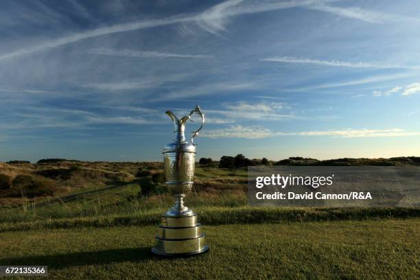 The Claret Jug, the Open Championship trophy, on the tee at the par 3, seventh hole at Royal Birkdale Golf Club, the host course for the 2017 Open...