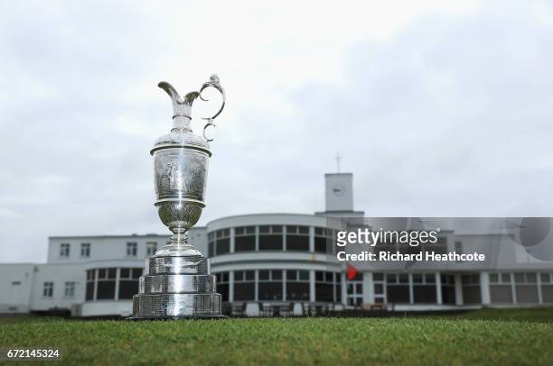 The Claret Jug, the Open Championship trophy, in front of the clubhouse at Royal Birkdale Golf Club, the host course for the 2017 Open Championship...