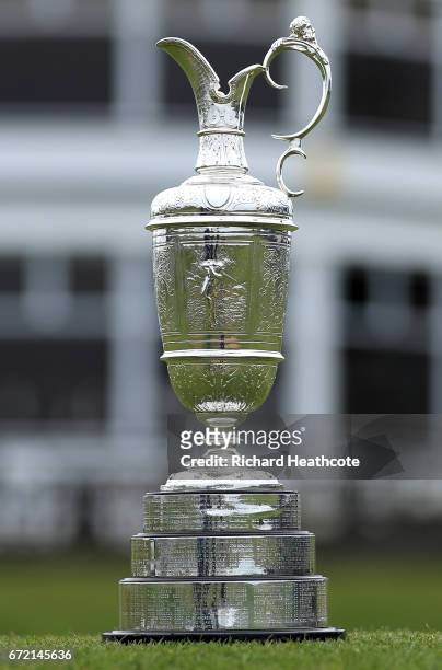 The Claret Jug, the Open Championship trophy, in front of the clubhouse at Royal Birkdale Golf Club, the host course for the 2017 Open Championship...