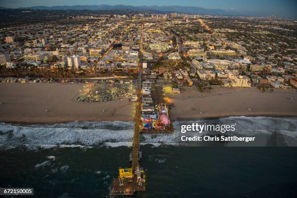 aerial view of santa monica pier in los angeles cityscape, california, united states - santa monica pier stock-fotos und bilder
